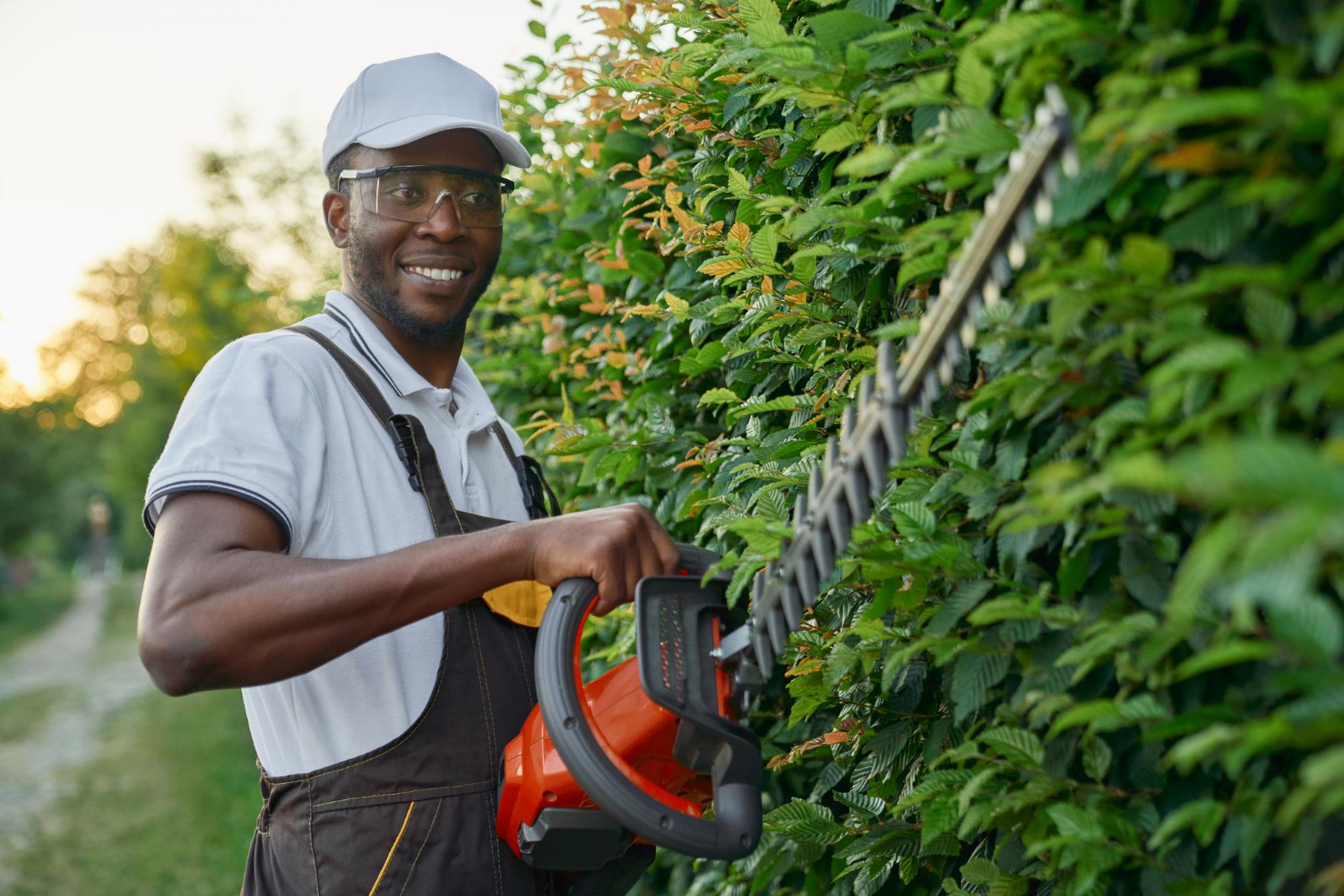 smiling-afro-gardener-using-hedge-trimmer-cutting-bushes